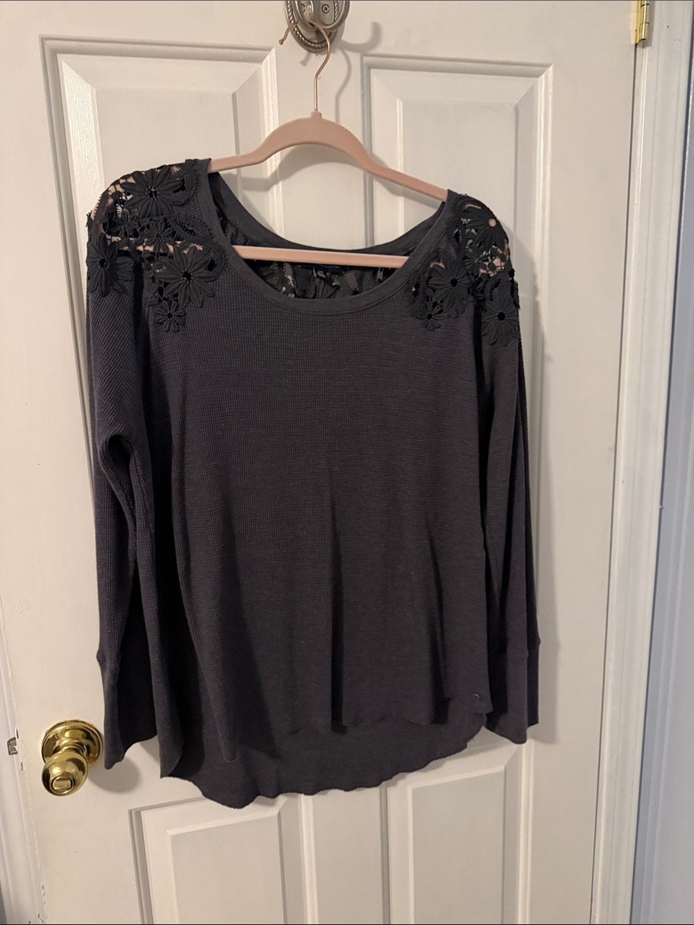 American Eagle Women's Charcoal Gray Long-Sleeve Top with Floral Lace Shoulders